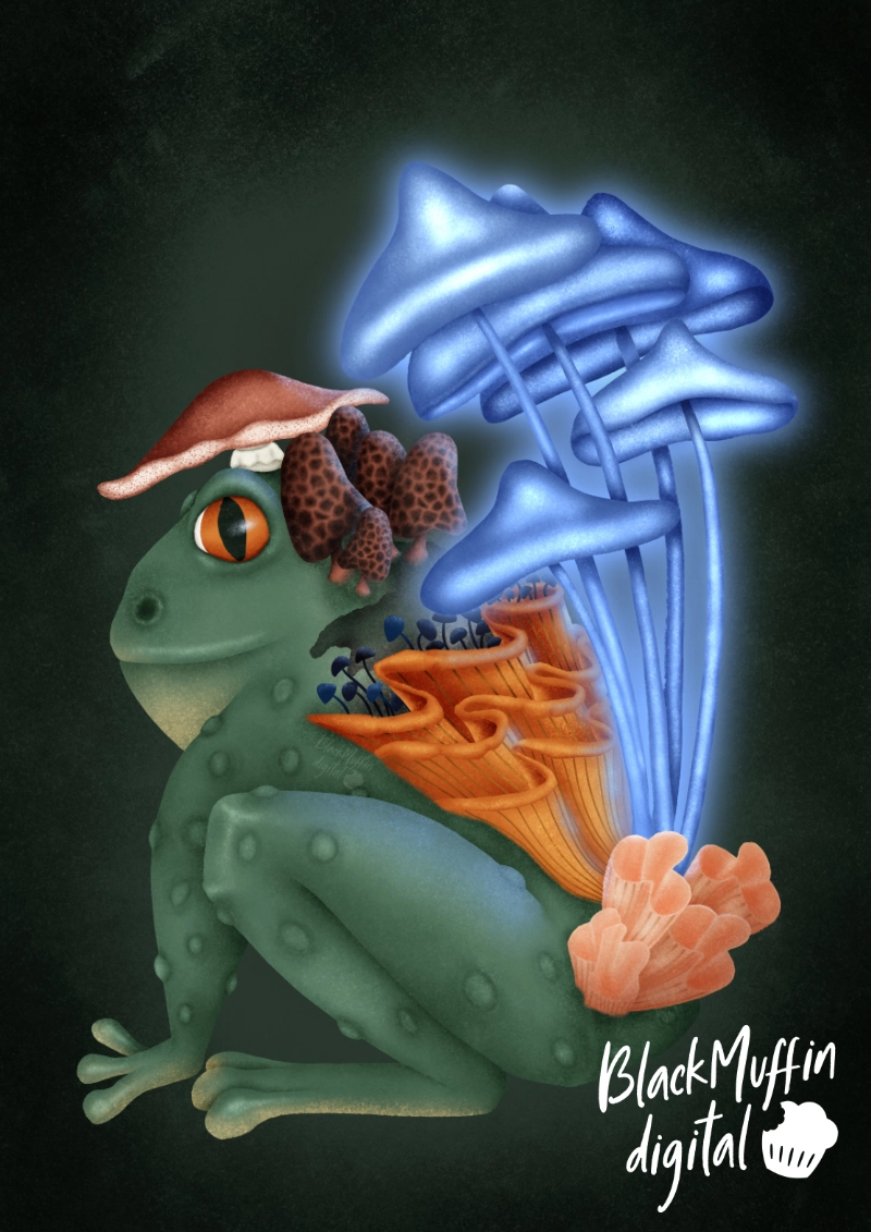 A toad with different mushrooms growing on it's back