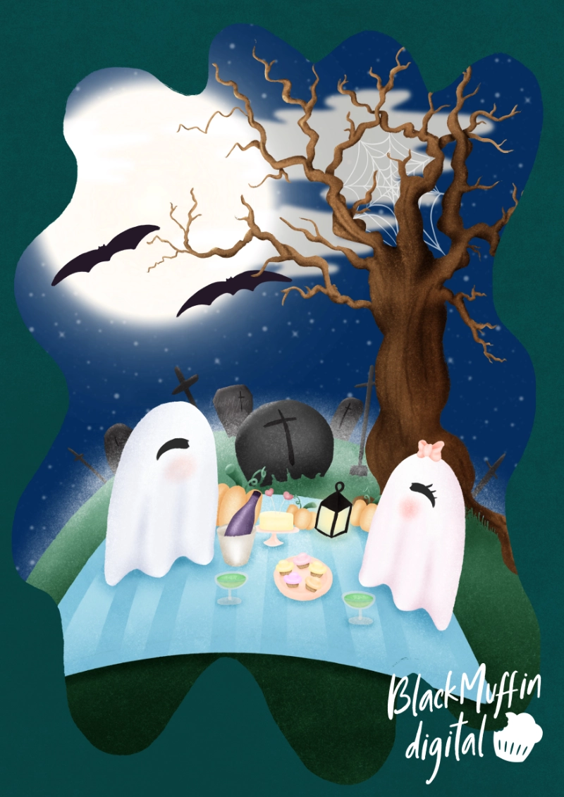 Drawing of 2 cute ghosts picnicing on a hill with a tree, graveyard and big moon in the background