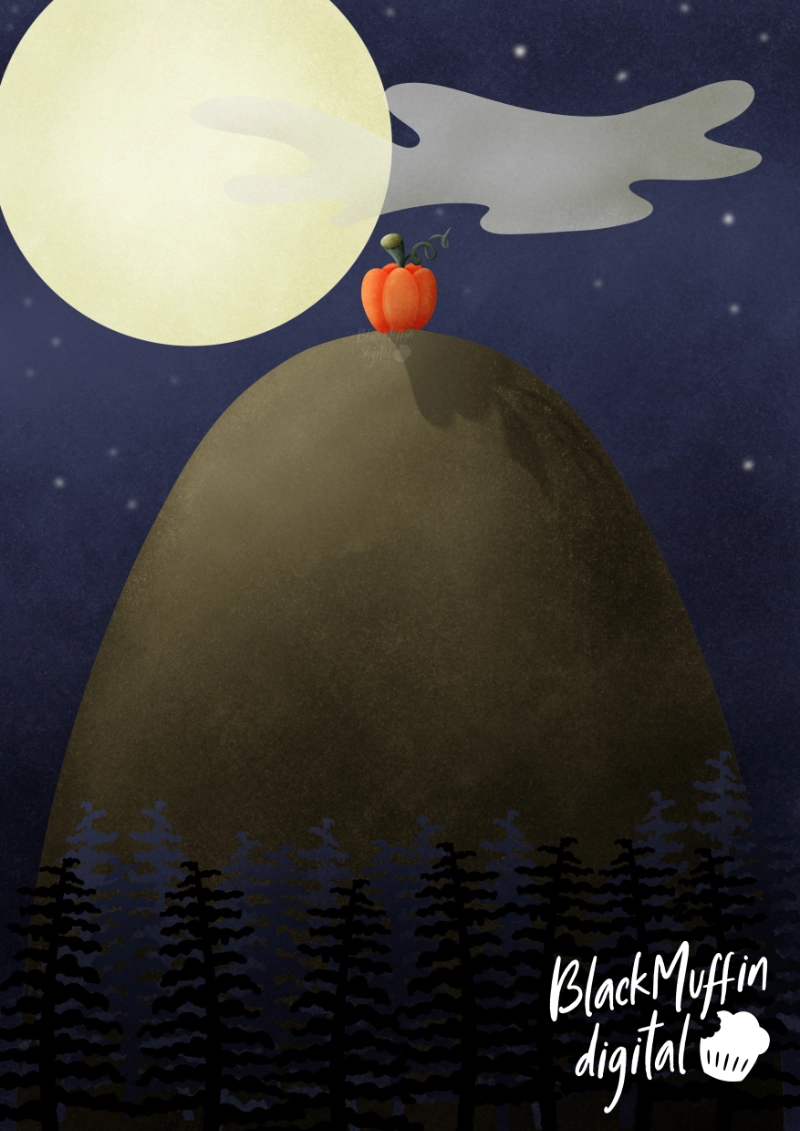 drawing of a lonely pumpkin on a hill at night looking at a giant moon