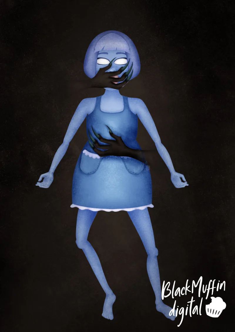 blue girl with blue hair and blue dress is held by scary hands from behind