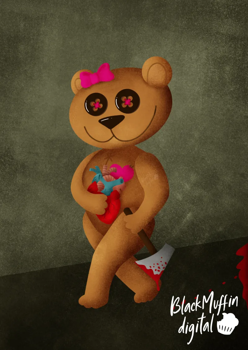 cute teddy bear with pink bow dragging a bloody axe and holding a ripped heart